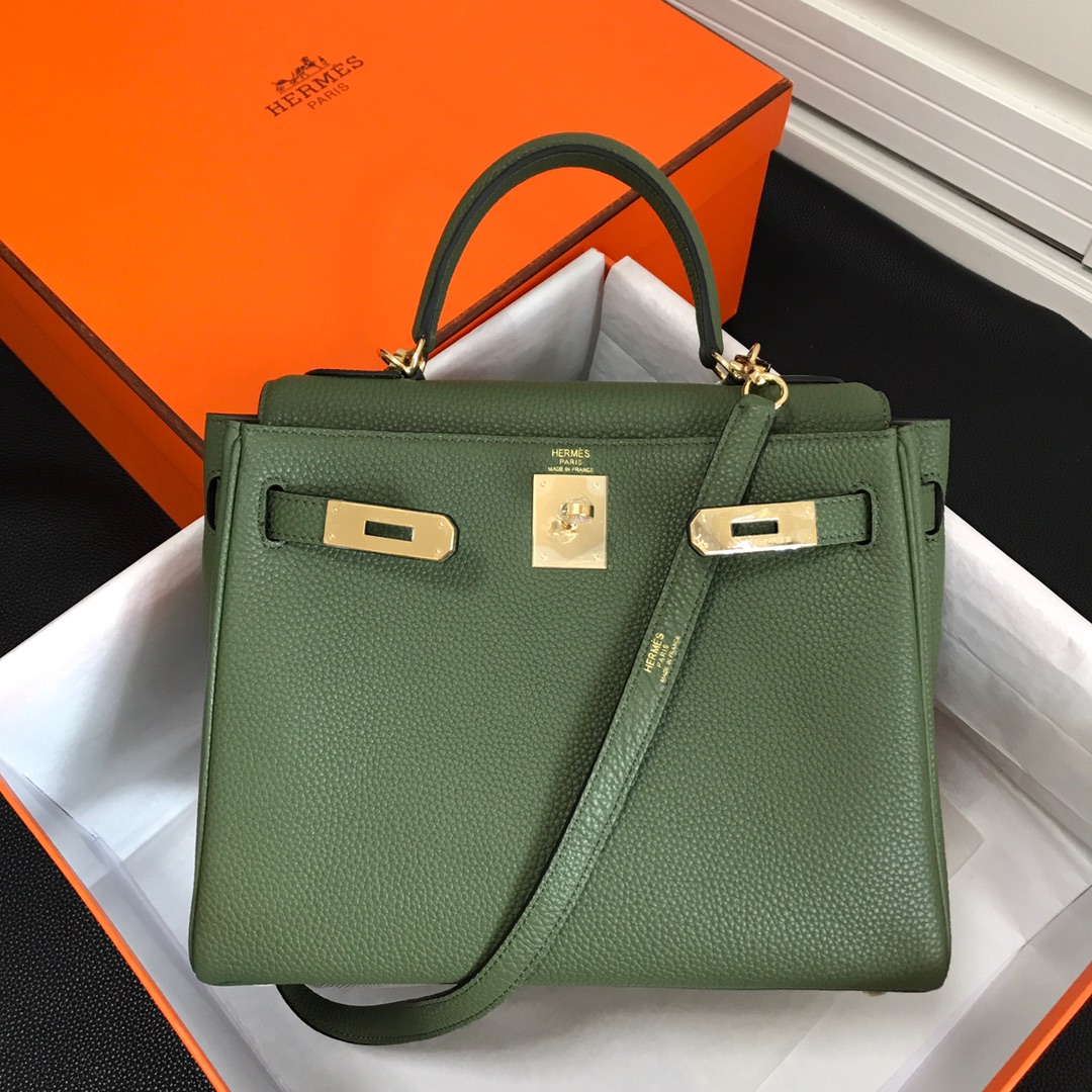 Hermes Kelly 32cm Handbag Shoulder Bag in Forest Green Togo Leather